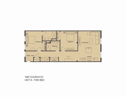 Floor plan for 2 beds, 2 baths, 1001 sqft